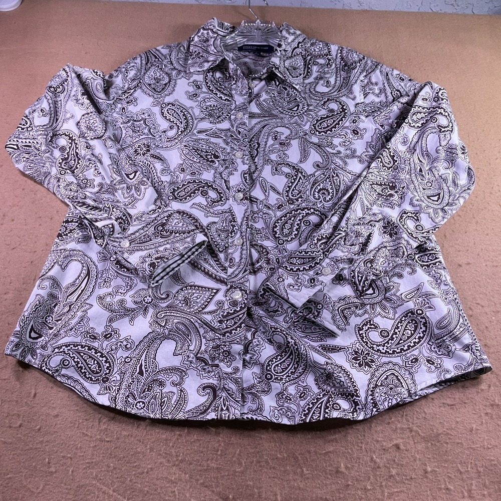 Jones New York Signature Brown White Paisley Cotton Button Up Shirt Blouse L